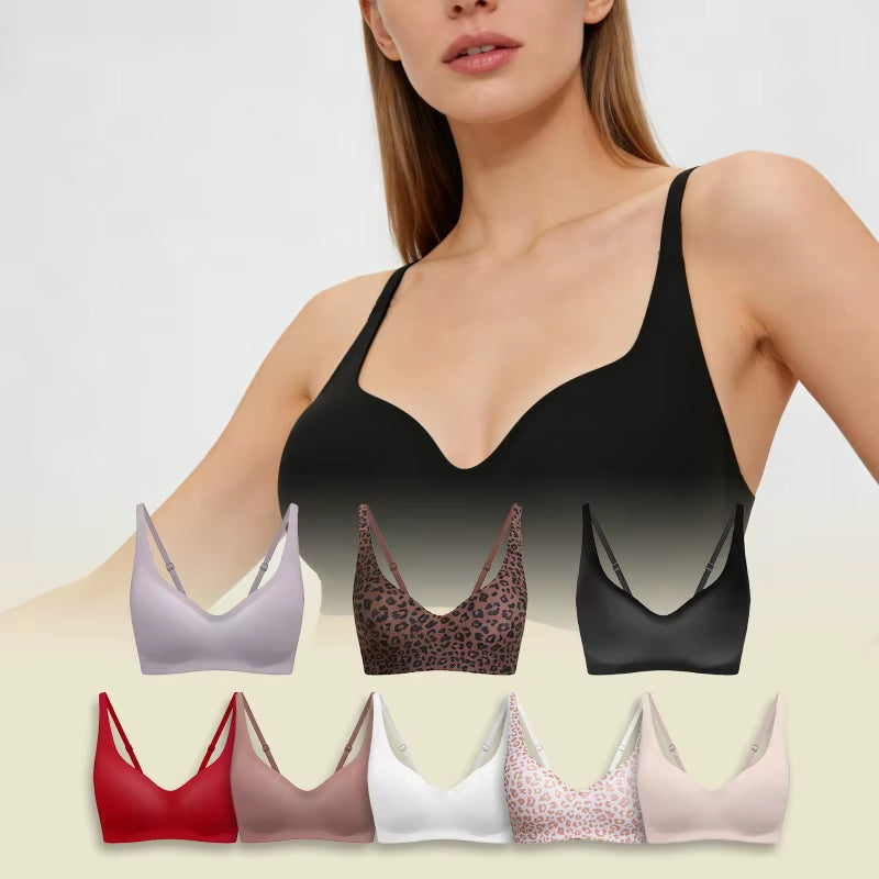 New Sexy Leopard Deep V Bra Women Seamless Wireless Underwear Elastic Lingerie Soft Comfortable Solid Color Bralette